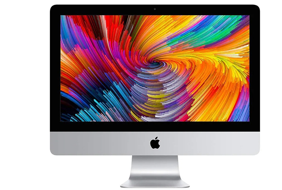 Apple iMac desktop computer displaying colorful swirling abstract art on screen.